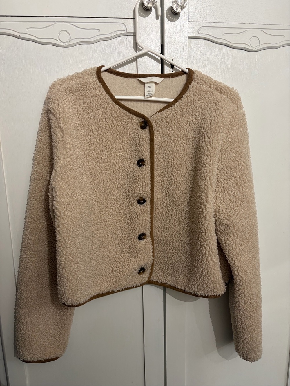 H&M Cream Sherpa Button-Front Teddy Jacket with Brown Trim